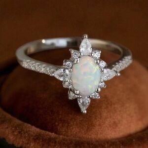 S925 Sterling Silver Opal with CZ Accent Gemstones Ring. New.
